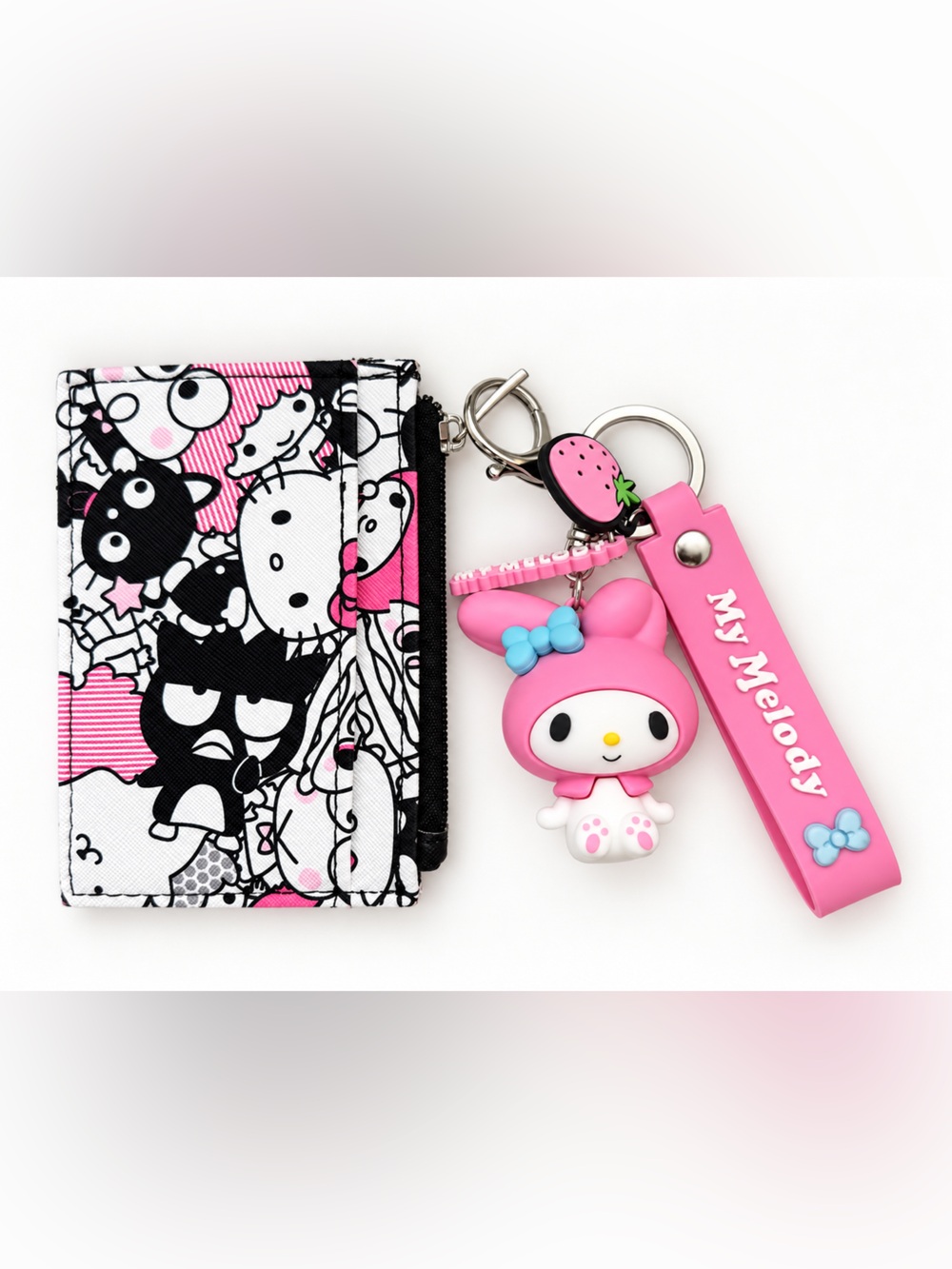 Hello Kitty Pink & Black Kids Wallet with My Melody Keychain NWOT